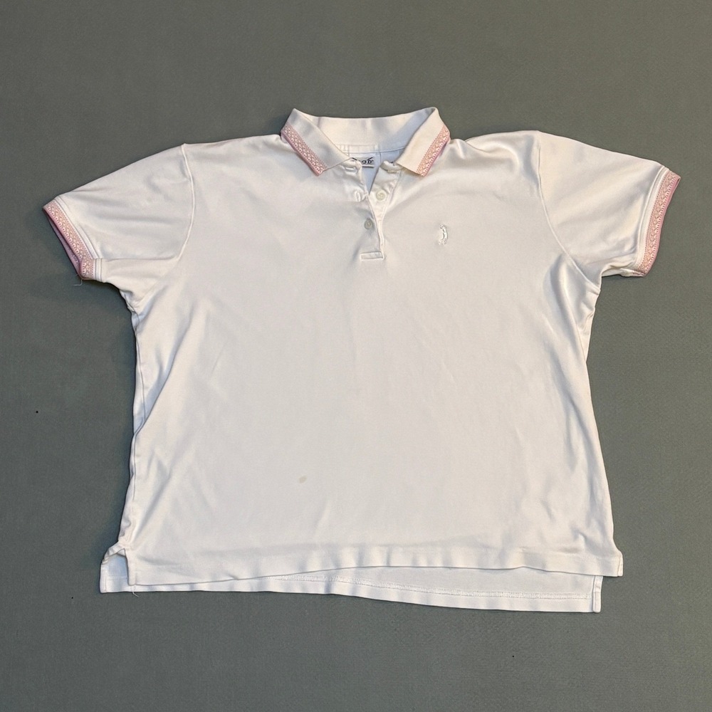 Izod Womens White Pink Trim Short Sleeve Cotton Polo Shirt Large Golf Prep Sport